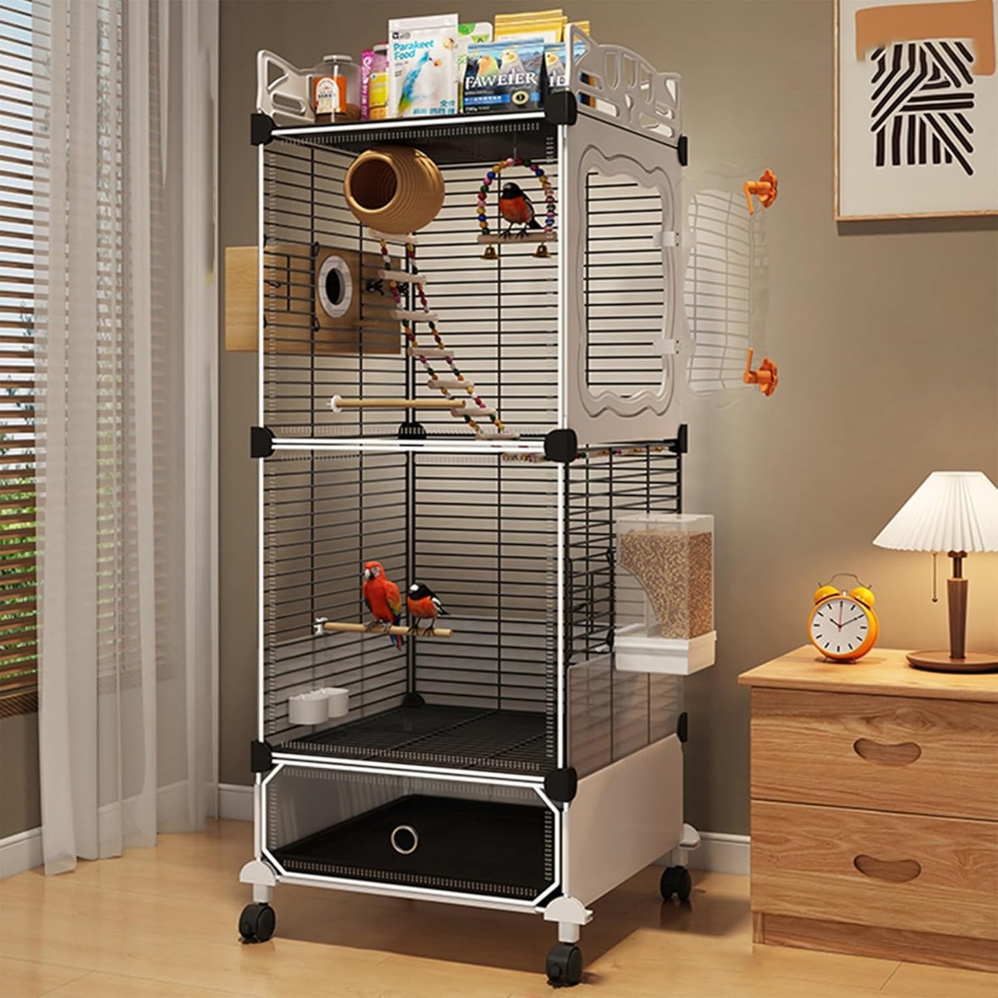 Large Parrot Cage with Acrylic Doors, 4 Casters, Perch & Feeder, Detachable Drawer, Ideal for Cockatiels, Budgies, Conures, Indoor/Outdoor Use – Spacious White Birdcage(Black,36 * 36 * 106)