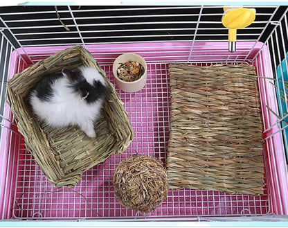 Hamiledyi Grass Mat Woven Bed Mat for Small Animal 4PCS Large Bunny Bedding Nest Chew Toy Bed Play Toy for Guinea Pig Parrot Rabbit Bunny Hamster Rat