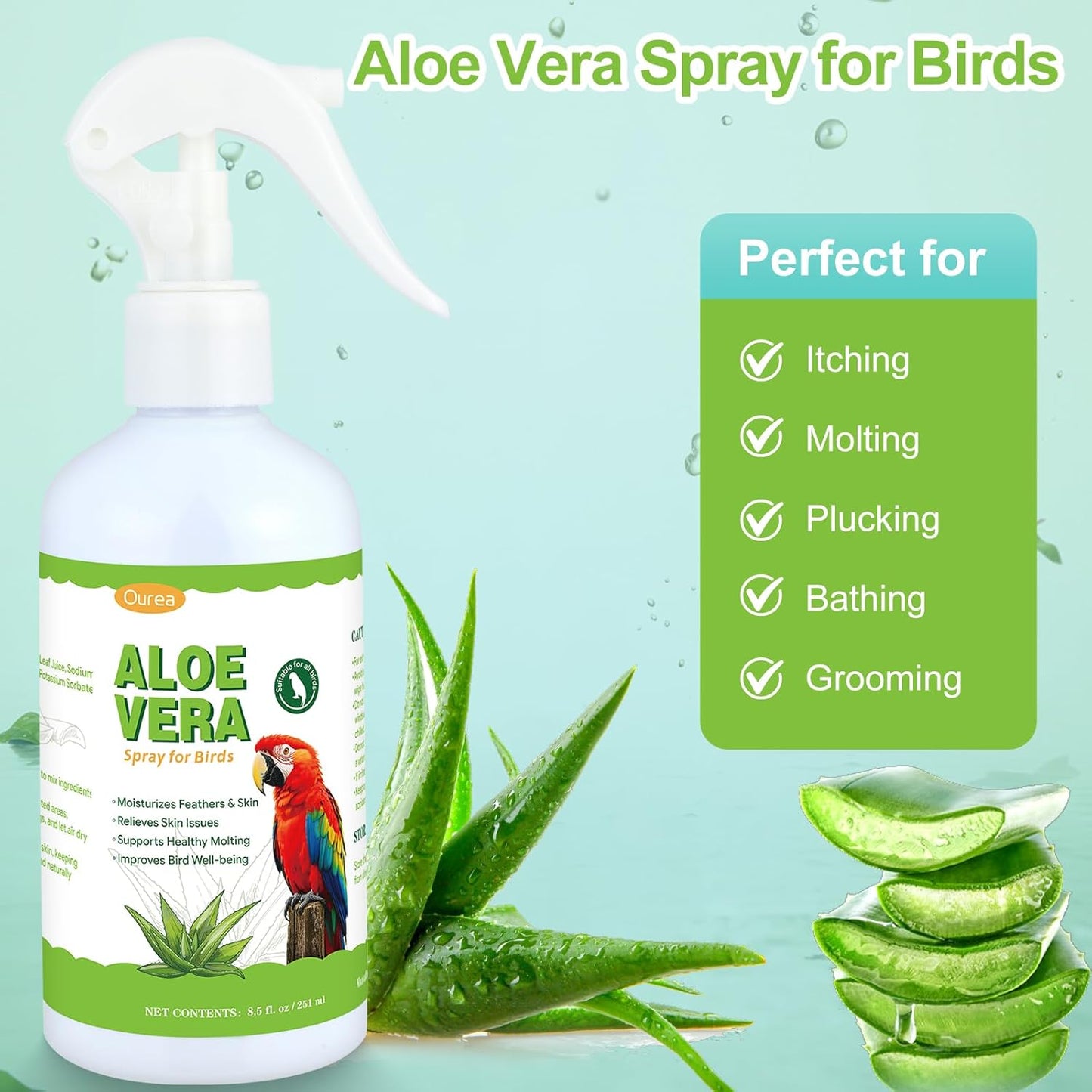 Aloe Vera Bird Spray, Moisturizes Feathers Soothes Dry Itchy Skin, Supports Molting Healthy Plumage, Prevent Feather Plucking Gentle Care, Safe Effective for Parrots Finches All Birds, Odor-Free