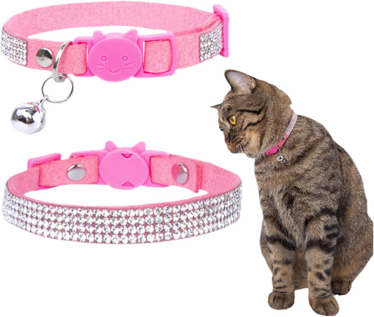 Rhinestone Cat Collar Breakaway with Bell Safety Buckle, Adjustable Diamond Girl Boy Kitty Cute Comfy Collar for Kitten Tiny Little Pets Rabbits, 6"-9" Pink Extra Small