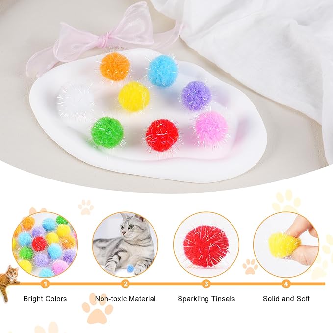 DF DUALFERV 60 Pcs Cat Pom Pom Balls, Interactive Cat Toys, Sparkle Balls for Cats, Extra Large and Fuzzy for Exercise and Entertainment, Multicolor, 1.5 Inch
