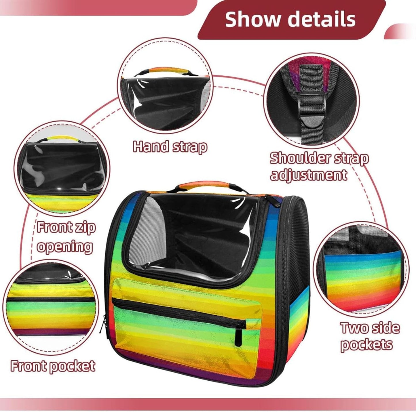 Colorful Rainbow Stripes Traveler Backpack Pet Carriers for Cats and Dogs