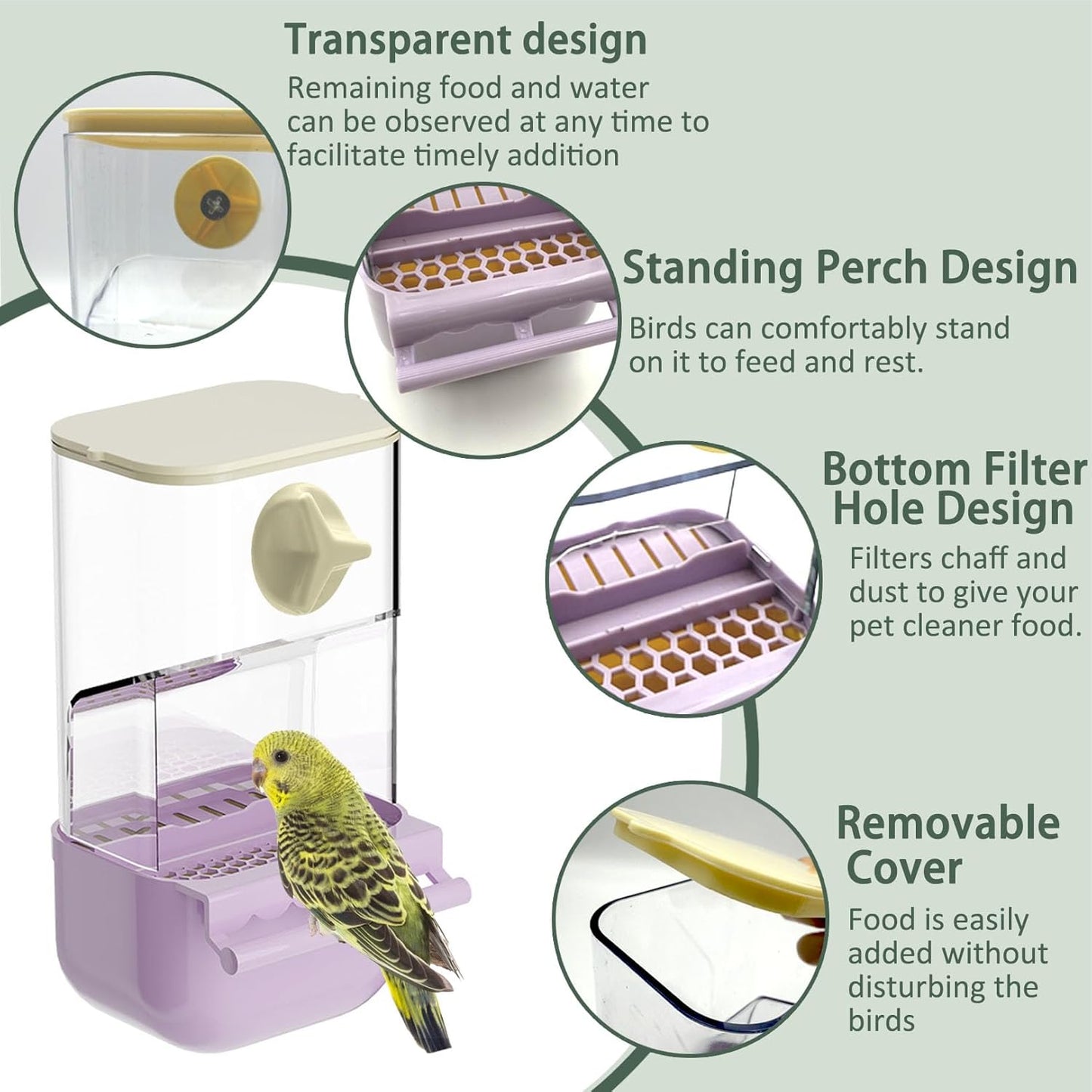 No Mess Bird Feeder Water Dispenser Set, Automatic Transparent Parrot Feeder Acrylic Parrot Food Container Drinker Cage Accessories for Small Birds Canary Parakeet Finch (Purple + Blue, 1)