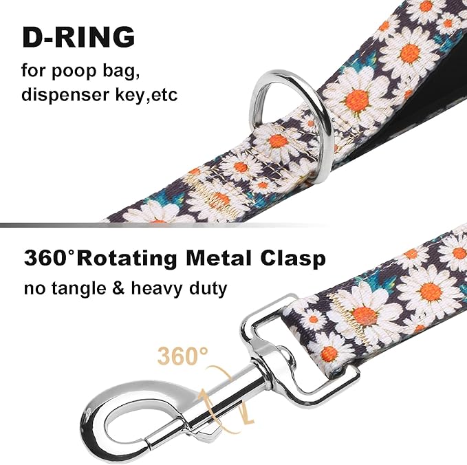 4ft Dog Leash with Two Padded Handles, Heavy Duty Strong Nylon Pet Leash with Soft Neoprene Handle for Small Medium Large Dogs, Daisy