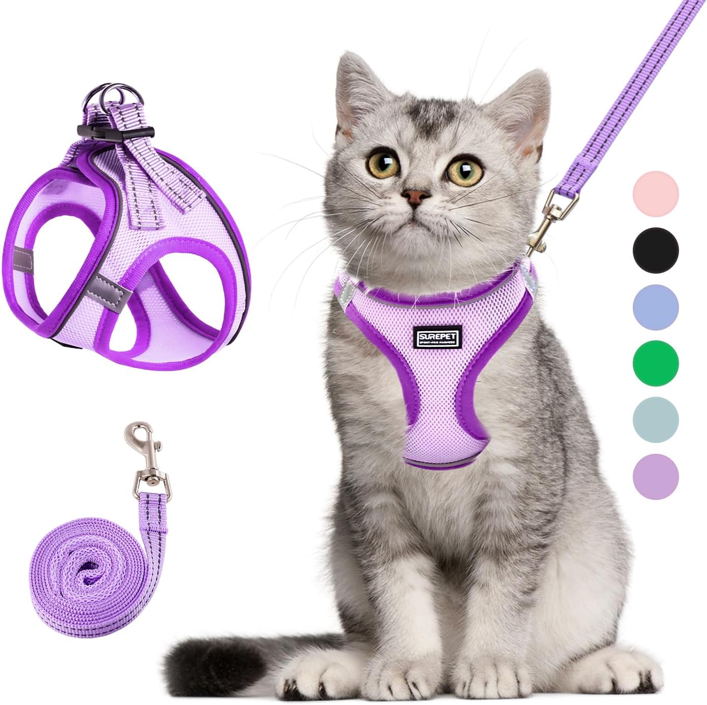Cat Harness and Leash Set, Soft and Breathable Vest with Reflective Strip, Escape Proof Kitten Harness, Easy to Wear for Cats Walking and Traveling (Purple, XXS)