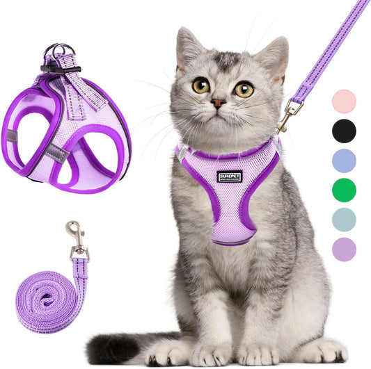 Cat Harness and Leash Set, Soft and Breathable Vest with Reflective Strip, Escape Proof Kitten Harness, Easy to Wear for Cats Walking and Traveling (Purple, XXS)