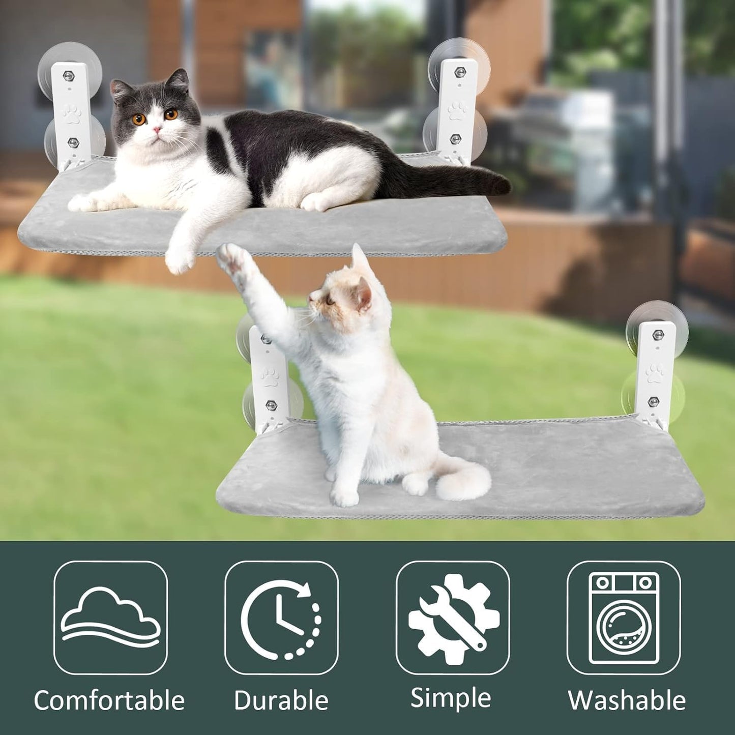 Sunhoo 2PCS Cat Window Hammock Perch Cordless Window Sill Seat Bed Foldable Kitty Lounger Indoor Cats Shelf Stable Upgraded Suction Cup Easy Assembly 20.5 * 11.8in Hold Up to 55lbs (Grey, M)
