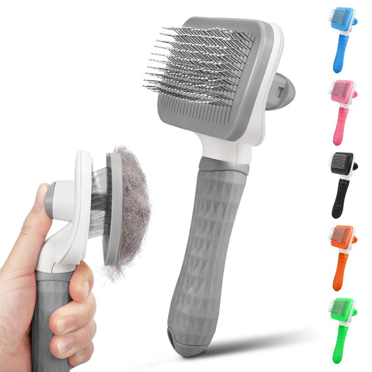 Dog & Cat Brush, Self Cleaning Slicker Brush for Pets, Upgraded Dog Brush for Shedding Massaging and Grooming, Removes Loose Undercoat & Portable Comb for Long Short Haired Dogs(Gray)