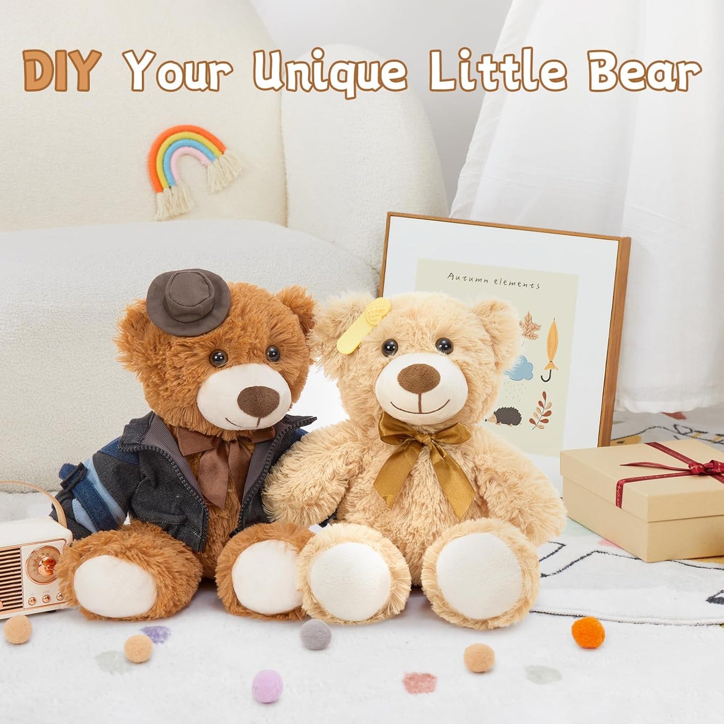 MorisMos 3Pcs Teddy Bears Bulk Baby Shower, 14inch Cute Teddy Bear Stuffed Animals Plush, Small Stuffed Bears on Centerpiece Baby Shower, Dark Brown