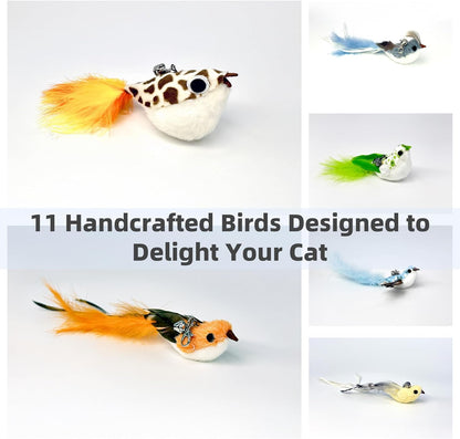 11 PCS Multi-Functional Cat Toy Replacement Heads – Realistic Handmade Bird Teasers with Bells & Detachable Clip, for Interactive Play, Indoor Enrichment & Home Decoration
