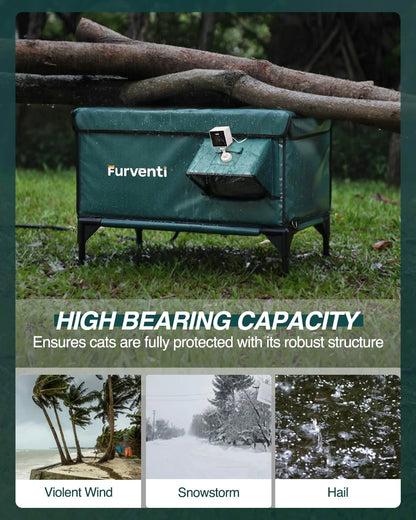 Outdoor Heated Cat House in Winter,Extremely Insulated & Weatherproof,Elevated Feral Cat Shelter with Waterproof Eaves & Escape Door for Outside Stray Barn Cat (Dark Green, L with Cam)