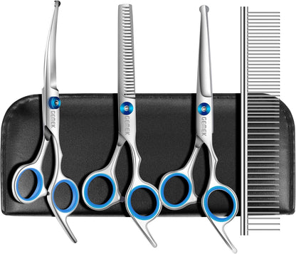 GEMEK Professional 5 in 1 Dog Grooming Scissors Set with Safety Round Tips, Sharp and Heavy-duty Pet Grooming Shears for Cats (Blue)