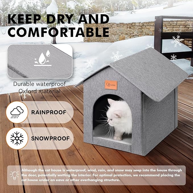 Outdoor Cat House, Cat Shelter Feral Pet Outside Waterproof Cat House for Outdoor/Indoor Cats, Insulated Cat Bed for All Seasons with Cozy Cushion, Easy to Assemble, Grey