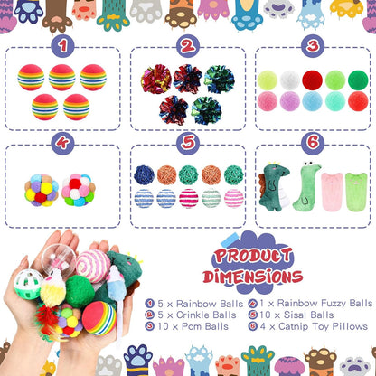 Lenwen 100 Pcs Cat Toys Set Bulk Cat Fur Mice Toys Variety Plastic Ball with Bell Furry Pompom Rattle Mouse Assorted Interactive Catnip Toy Pillow Chew Nice Gift for Indoor Kitten Cats Catch Play