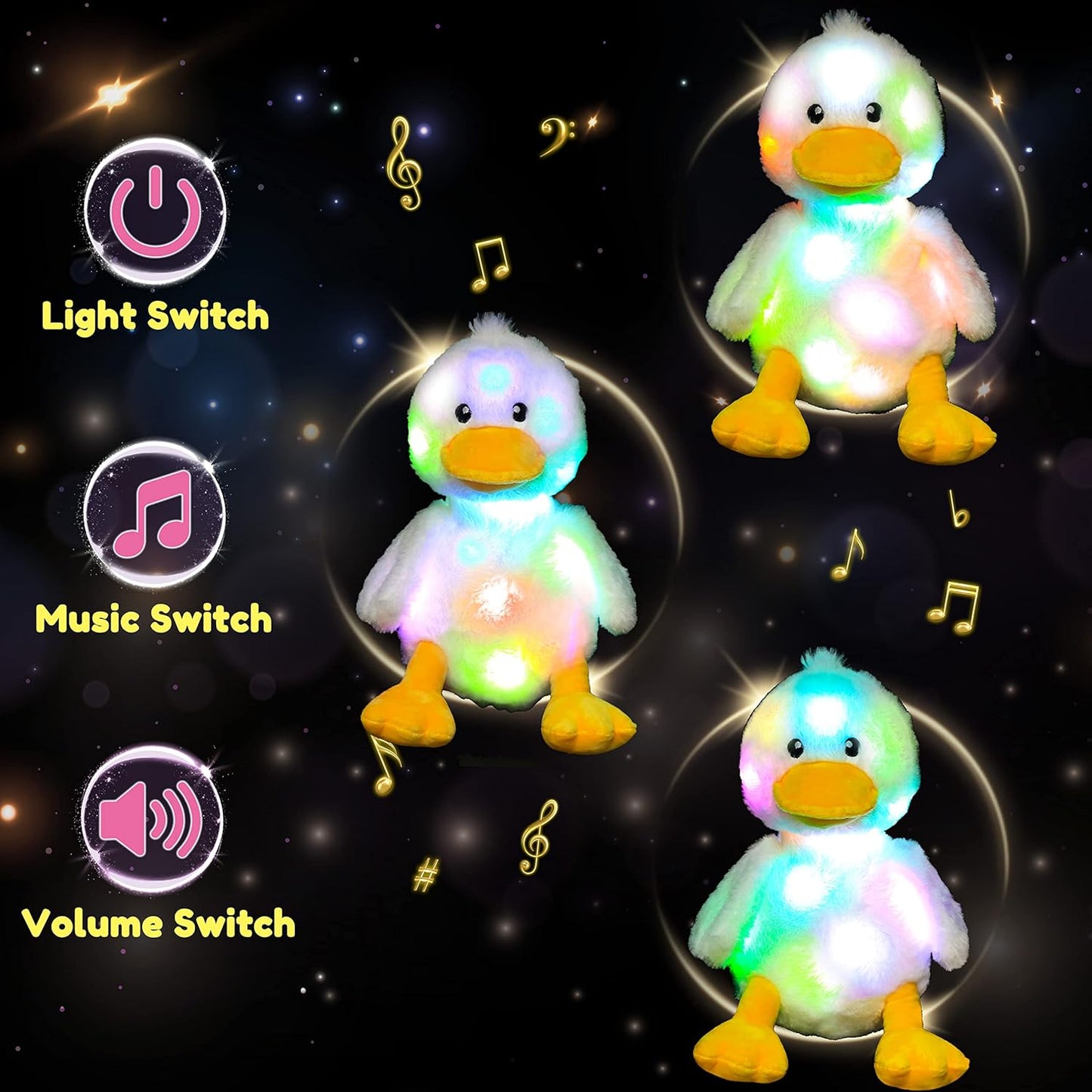 Hopearl LED Musical Stuffed Duck Lighting Up Singing Duckling Plush Toy Adjustable Volume Lullaby Animated Soothe Birthday Gifts for Kids Toddler Girls, White, 11''
