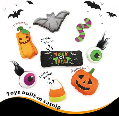 8 Assortments Halloween Value Pack, Natural Interactive Catnip Cat Toys, Toy with Crinkle and Feather, Accessories for Indoor Cat, Kitten Toys