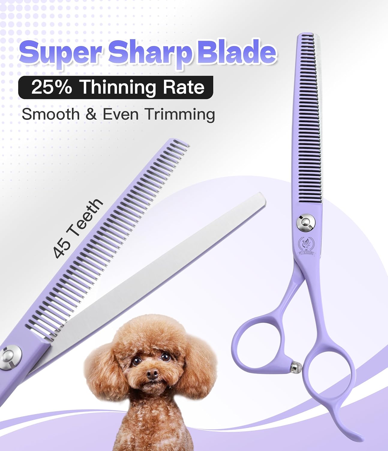 Fenice Peak 7" Professional Dog Grooming Scissors Set, Japanese 440C Stainless Steel Straight Thinning Curved Chunker Shears for Pet Grooming, Trimming Face, Paws, Violet