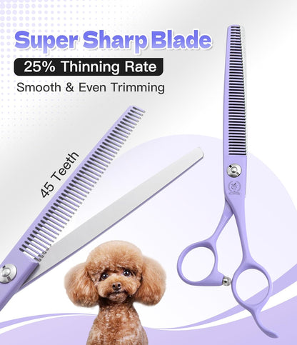 Fenice Peak 7" Professional Dog Grooming Scissors Set, Japanese 440C Stainless Steel Straight Thinning Curved Chunker Shears for Pet Grooming, Trimming Face, Paws, Violet