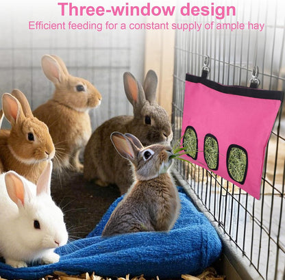 2 Pcs Rabbit Hay Feeder,Guinea Pig Hay Feeder,13×10.8 Inch Guinea Pig Bag,Small Animal Feeding Bag for Rabbits, Hamsters, Hedgehogs(3 Holes,Pink)
