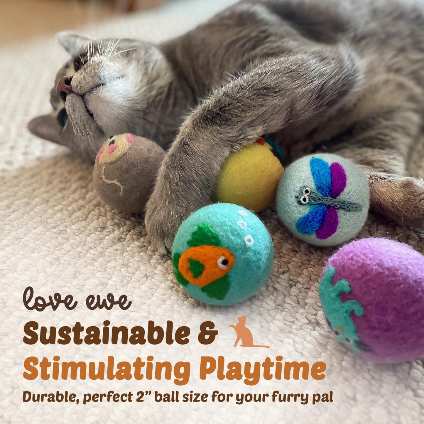Hustle & Blush Wool Felt Balls - 3 Pack Love Ewe Pet Supplies – 2in Colorful & Durable Cat Toys Handmade from New Zealand, Ideal for Indoor Play and Mental Stimulation – Dragonfly & Butterfly Design