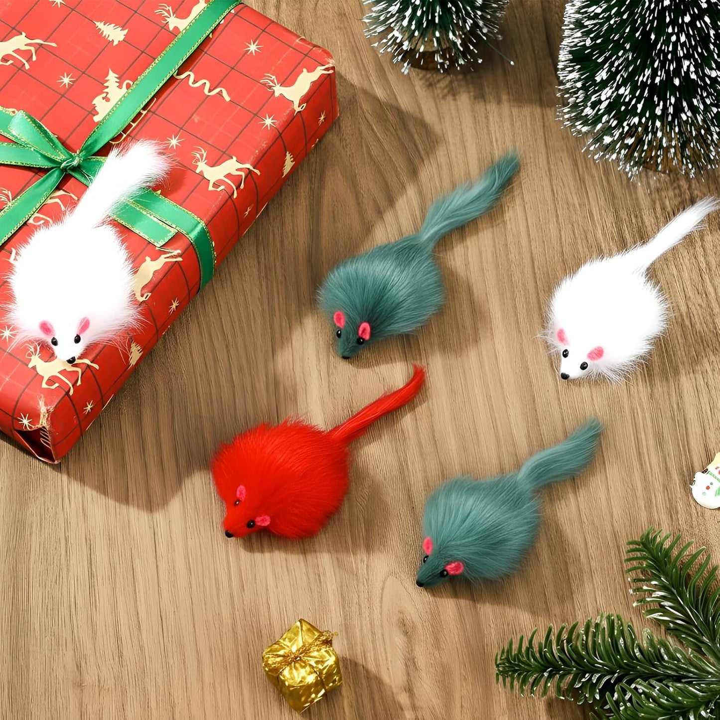 Hungdao 60 Pcs Furry Mice Interactive Catch Play Rabbit Fur Mouse Cat Toy Rattle Sound Rat Plush for PET Cats and Kittens, 3 Colors (White, Green, Red)