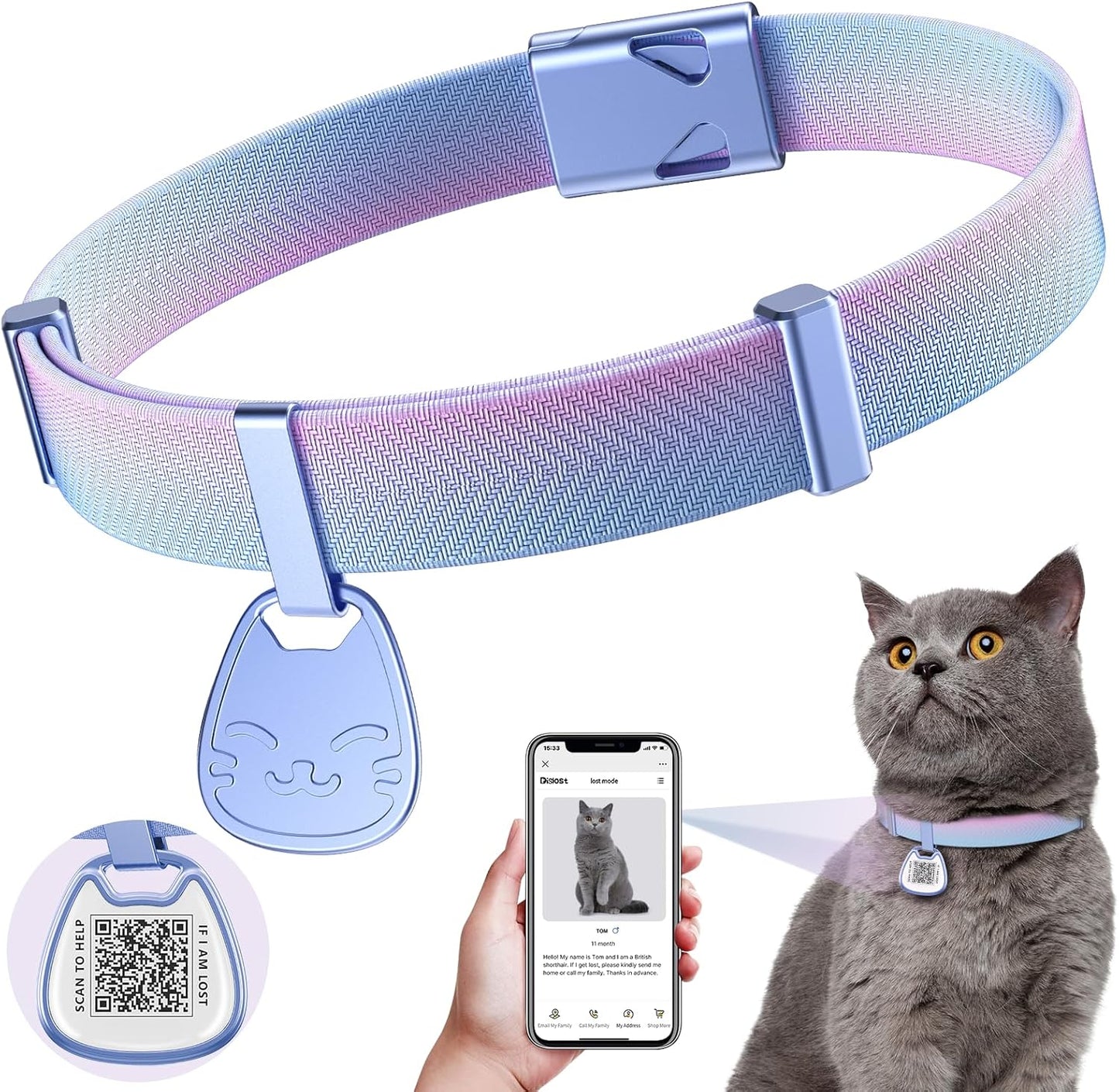 Cat Collar with QR Code Name Tag, Breakaway Kitten Collar for Boy & Girl Cats, Ultra Soft Elastic Adjustable Band, Safety Break Away Buckle, Comfortable & Secure Pet ID Collar (6"-12"), Iridescent