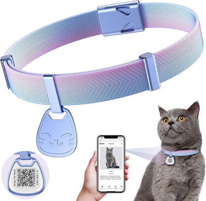 Cat Collar with QR Code Name Tag, Breakaway Kitten Collar for Boy & Girl Cats, Ultra Soft Elastic Adjustable Band, Safety Break Away Buckle, Comfortable & Secure Pet ID Collar (6"-12"), Iridescent
