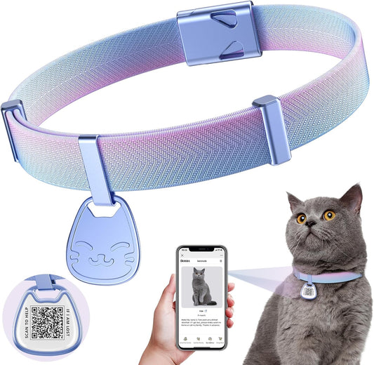 Cat Collar with QR Code Name Tag, Breakaway Kitten Collar for Boy & Girl Cats, Ultra Soft Elastic Adjustable Band, Safety Break Away Buckle, Comfortable & Secure Pet ID Collar (6"-12"), Iridescent