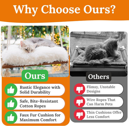 Cat Window Perch - Hammock Bed for Cats Inside - Solid Wood Seat, 4 Strong Suction Cups, Soft Cushion - Rustic Indoor Pet Shelf