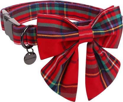 DOGWONG Christmas Dog Collar with Sailor Bow, Red Plaid Dog Collar Soft Durable Adjustable Cotton Red Tartan Gingham Puppy Collar for Small Medium Large Dog