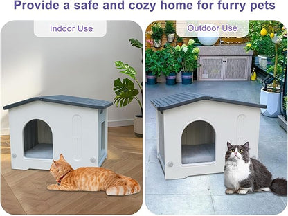 Plastic Cat House Weatherproof for Outdoor Indoor Use, Feral Cat House with Escape Door and Soft Mat, Outside Cat Shelter for Small Pet, Spacious, Assemble Easily - Grey