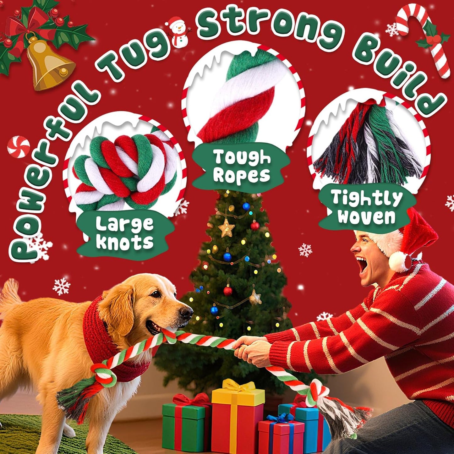 Heavy Duty Christmas Dog Rope Toys for Aggressive Chewers- Tough Tug of War & Chew Toys for Large, Medium & Small Dogs, 5 Pack Including 2 Ropes & 3 Supplies