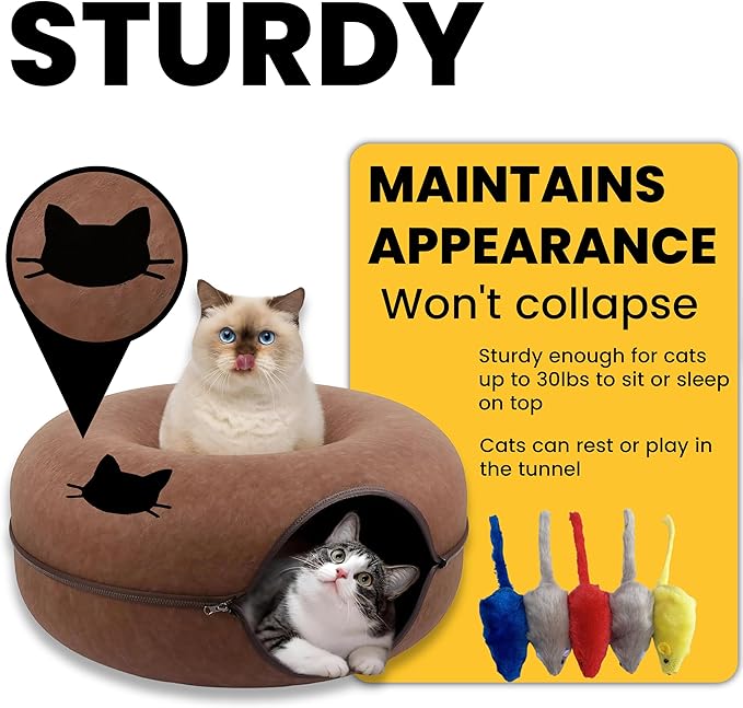 Laluz 2021 Large Cat Tunnel Bed for Indoor Cats Up to 30 Lbs Peekaboo Donut Cave with Catnip and Plush Toys Scratch Resistant Felt Design Detachable and Washable Cat Tunnel (Chocolate)