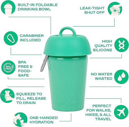 Springer by Springland Flip Portable Dog Water Bottle with Foldable Food Grade Silicone Bowl - 20 Ounce Travel Dog Water Bottle Ideal for Camping - Easy Squeeze Hydration & Release to Drain