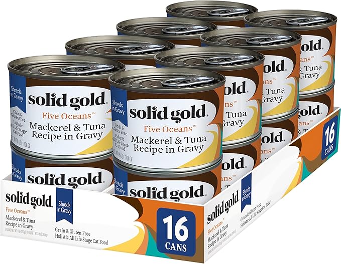 Solid Gold Wet Cat Food Shreds in Gravy - Canned Cat Food Made w/Real Tuna & Mackerel - Five Oceans Grain Free 16ct/6oz Can