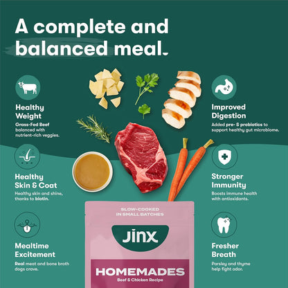 Jinx Beef Grain Free Wet Dog Food Pouches, Meal or Dog Food Topper Mix-in, Made with Real Beef & Chicken, Bone Broth, No Fillers - Puppy, Adult, Senior, 9oz, 6 Pack