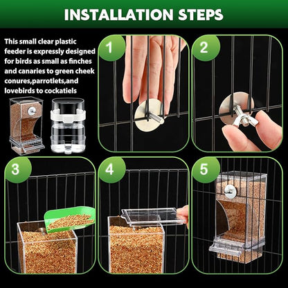 Yaomiao 4 Pcs No Mess Bird Feeders with 4 Pcs Cage Perch Automatic Clear Drinker Parakeet Seed Dispenser Quail Feeder and Watered Cage Accessories for Lovebirds Conures Budgies Canary Finch