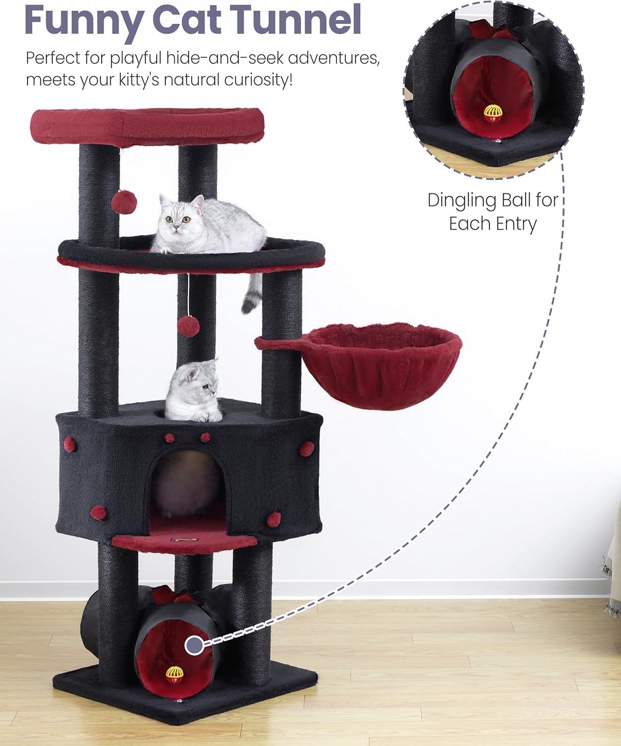 Cat Tree Tower for Indoor Cats Large Adult - Heavy Duty Extra Wide Scratching Post (φ4.4in) Maine Coon Condo House with Hammock Tunnel - 60 Inch XL Feline Bed Trees - Big Multi Level Cat Houses Stand