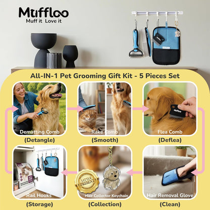 All-in-1 Pet Grooming Kit for Dogs and Cats, Shedding Comb, Dematting Tool, Reusable Electrostatic Hair Removal Glove, Hair Collector Keychain