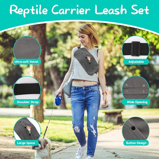 Bearded Dragon Leash and Harness Set, Lizard Bearded Dragon Leash and Carrier, Adjustable Harness with Leather Wings and Sling Bag,Reptile Small Pet Backpack for Outdoor Travel Walking (Gray)