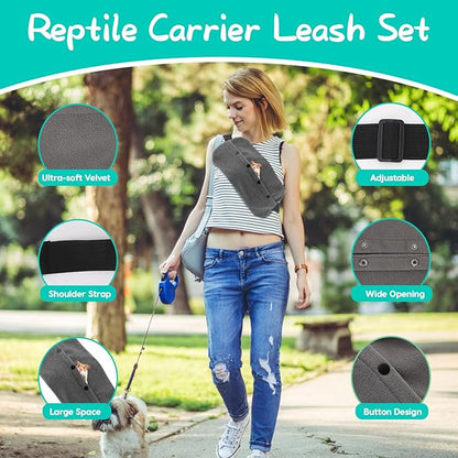 Bearded Dragon Leash and Harness Set, Lizard Bearded Dragon Leash and Carrier, Adjustable Harness with Leather Wings and Sling Bag,Reptile Small Pet Backpack for Outdoor Travel Walking (Gray)