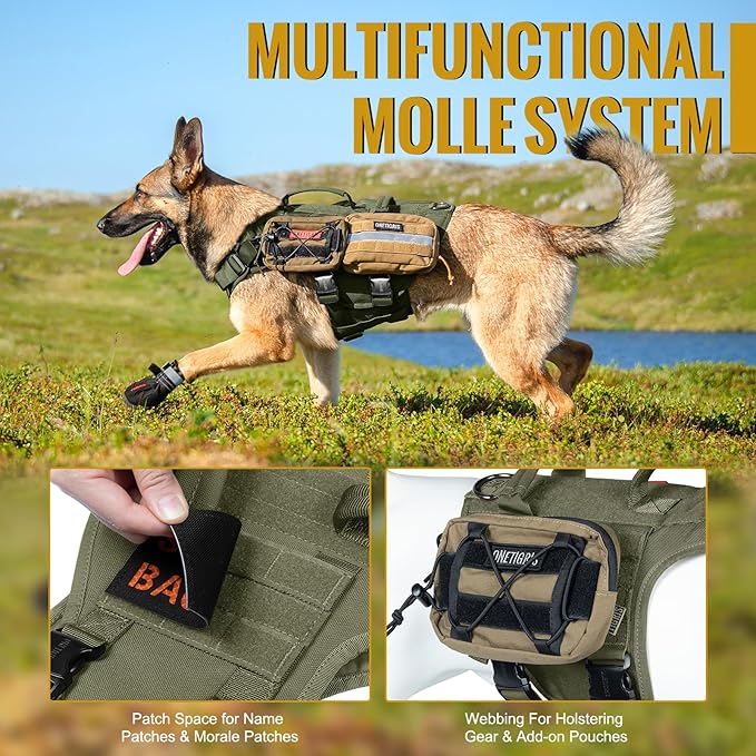 OneTigris Tactical Large Dog Harness, 5X Metal Buckled No Pull Service Dog Harness Vest with Hook & Loop Panels, Military Heavy Duty Dog Vest for Walking Hiking Training