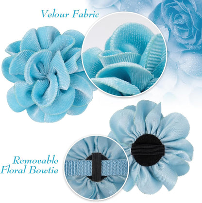 azuza 2 Pack Cat Collar Floral with Bell and Removable Flower Bowtie Breakaway Adjustable Velvet Fabric Cat Collar for Pets and Daily Decoration，Blue & Royal Blue