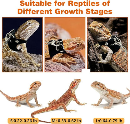 PINVNBY 3 Size Bearded Dragon Harness and Leash Set Adjustable Soft Leather Lizard Leash with Traction Rope Mini Skateboard Toy for Small Animal Reptile Reptile Walking Outdoor Adventures (Black)
