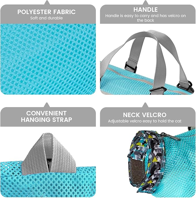 Cinf Cat Bathing Bag(Free Muzzle) Breathable Mesh Anti Scratch Adjustable Cat Grooming Bag for Nail Trimming, Bathing Soft Cat Washing Bag(Light Blue) L