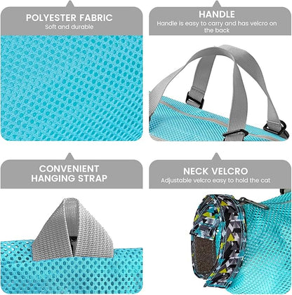 Cinf Cat Bathing Bag(Free Muzzle) Breathable Mesh Anti Scratch Adjustable Cat Grooming Bag for Nail Trimming, Bathing Soft Cat Washing Bag(Light Blue) M