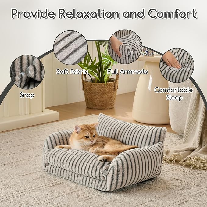 Hollypet Cat Bed Fluffy Plush Mutifuctional Double-Layer Soft Pet Couch Orthopedic Sofa Nest Beds for Small Cats and Dogs, Dark Gray Stripes (21x15x8 inch)