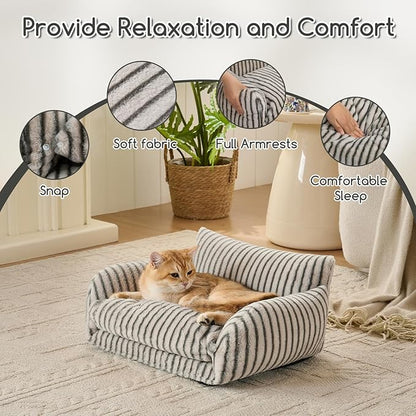 Hollypet Cat Bed Fluffy Plush Mutifuctional Double-Layer Soft Pet Couch Orthopedic Sofa Nest Beds for Small Cats and Dogs, Dark Gray Stripes (21x15x8 inch)