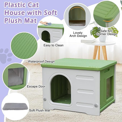 Waterproof Cat House for Outdoor Cats, Plastic Feral Cat House with Escape Door and Soft Mat, Large Indoor Cat House for Mutiple Cats - Green