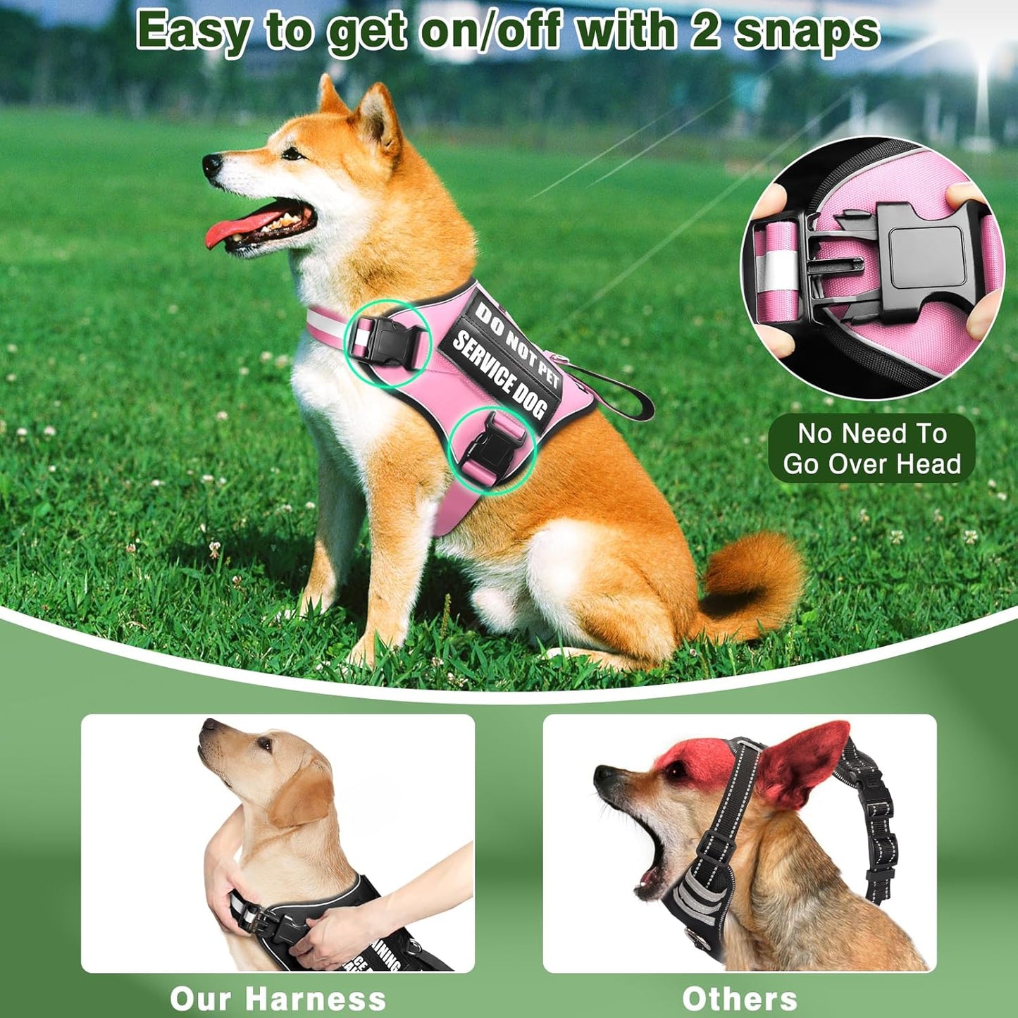 Service Dog Vest Harness and Leash Set+10 Patches,No Pull&Easy Walk Reflective Dog Harness with Soft Padded Handle for Training/Everyday,Fit Small/Medium/Large/Extra-Large Dogs (Pink L)